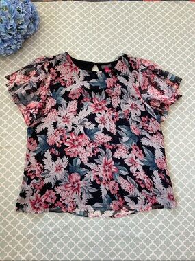 Vince Camuto Pink Black Tropical Floral Print Blouse Split Sleeve L
